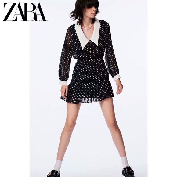 Zara Polka Dot Mini Black White Dress Collar Size S - Picture 3 of 11
